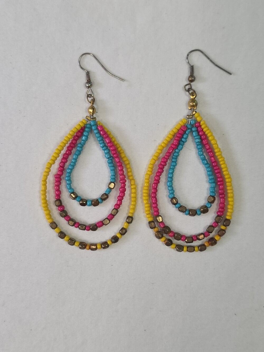 Boho Colorful Long Layered Seed Bead Statement Earrings Yellow Pink Blue Pierced